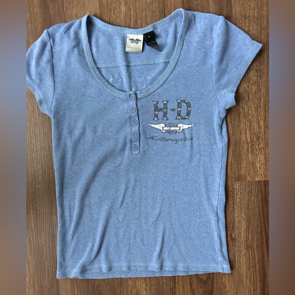 Y2K HARLEY-DAVIDSON Baby Tee Rhinestone Logo Henley Fitted 2000s Moto Indie Sz L - Picture 3 of 9